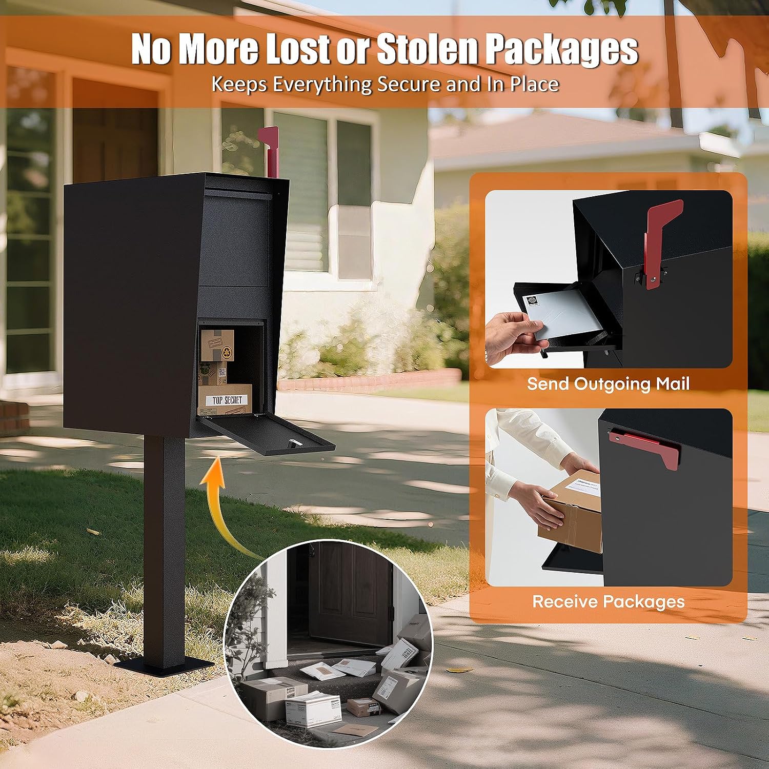 Package Mailbox with Lock, Large Post-Mount Locking Mailboxes for Outdoor Use, Heavy-Duty Steel Curbside Security Mailbox with Post and Base Plate, Weatherproof Mail Box for Residential Deliveries