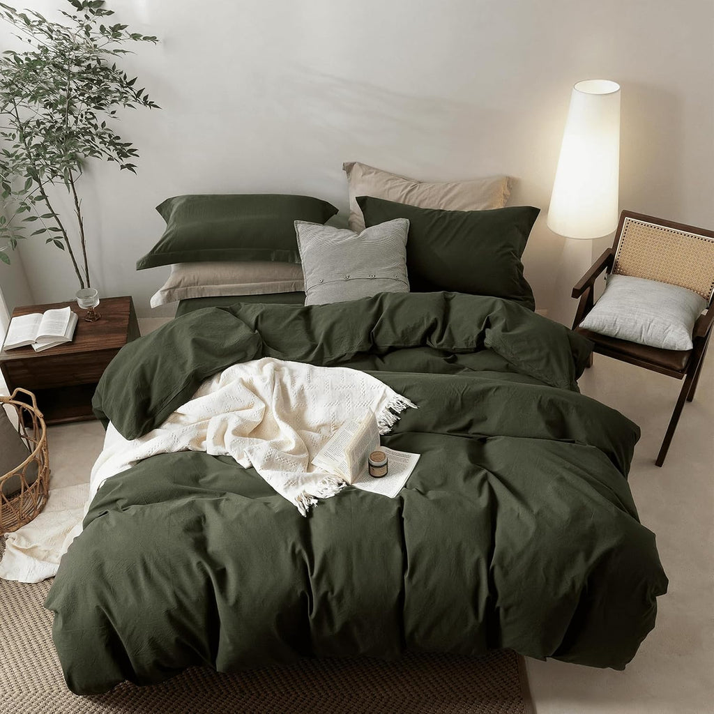BDEAR Olive Green Duvet Cover Alaskan King Size 132'' W x 120'' L, 100% Washed Cotton Duver Cover with Zipper Closure Plus 2 Pillowcases, Oeko TEX Standard 100 Certificated, Cozy Feel