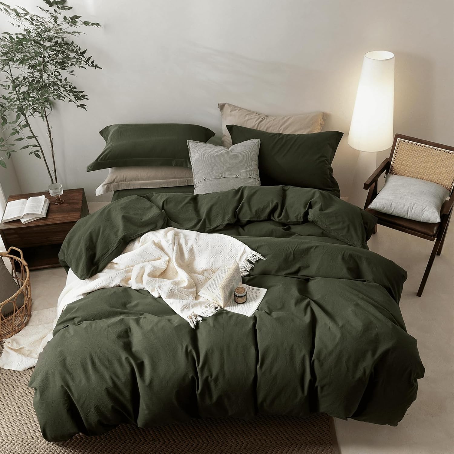 BDEAR Olive Green Duvet Cover Alaskan King Size 132'' W x 120'' L, 100% Washed Cotton Duver Cover with Zipper Closure Plus 2 Pillowcases, Oeko TEX Standard 100 Certificated, Cozy Feel