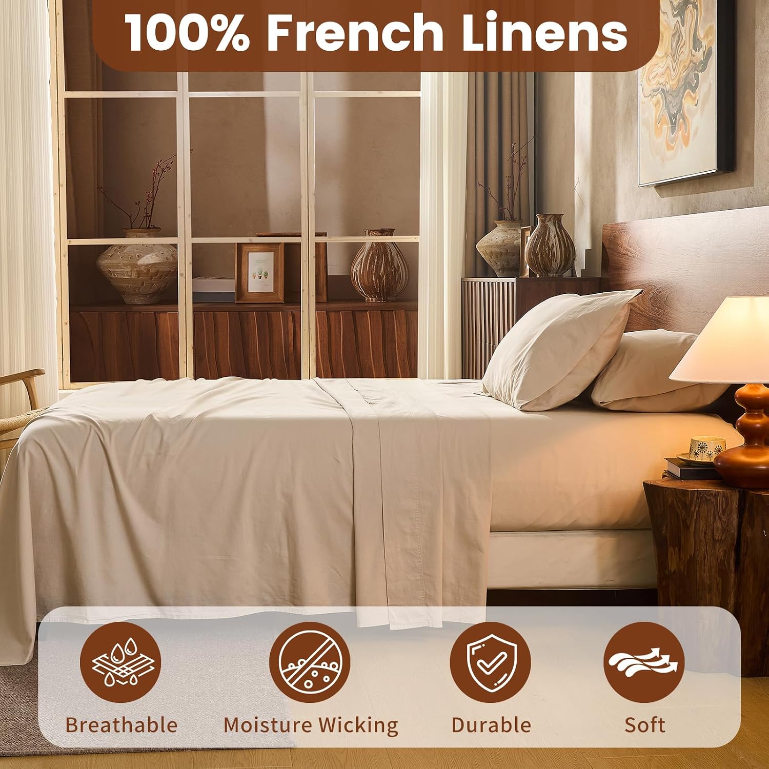 100% Linen Sheets King Size,Breathable & Durable 4-Piece Bed Flax Sheet Set,Soft All-Season Bedding for Hot Sleepers 16' Deep Pocket Oeko-TEX Certified,（King, Linen）