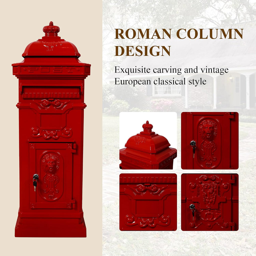 Vintage Large-Capacity Cast Aluminum Mailbox, Outdoor Weatherproof Floor Standing Postbox, Decorative Copper Finish Letter Box with Lock, Roman Column Design for Home Use (Red)