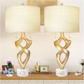 Scenekoy Sculptural Resin Table Lamp Set of 2 with USB Ports for Bedroom Living Room, 31' Big Gold Leaf Marble Base Bedside Lamps, Pull Chains Switch Modern Nightstand Lamp for Home Room Decor