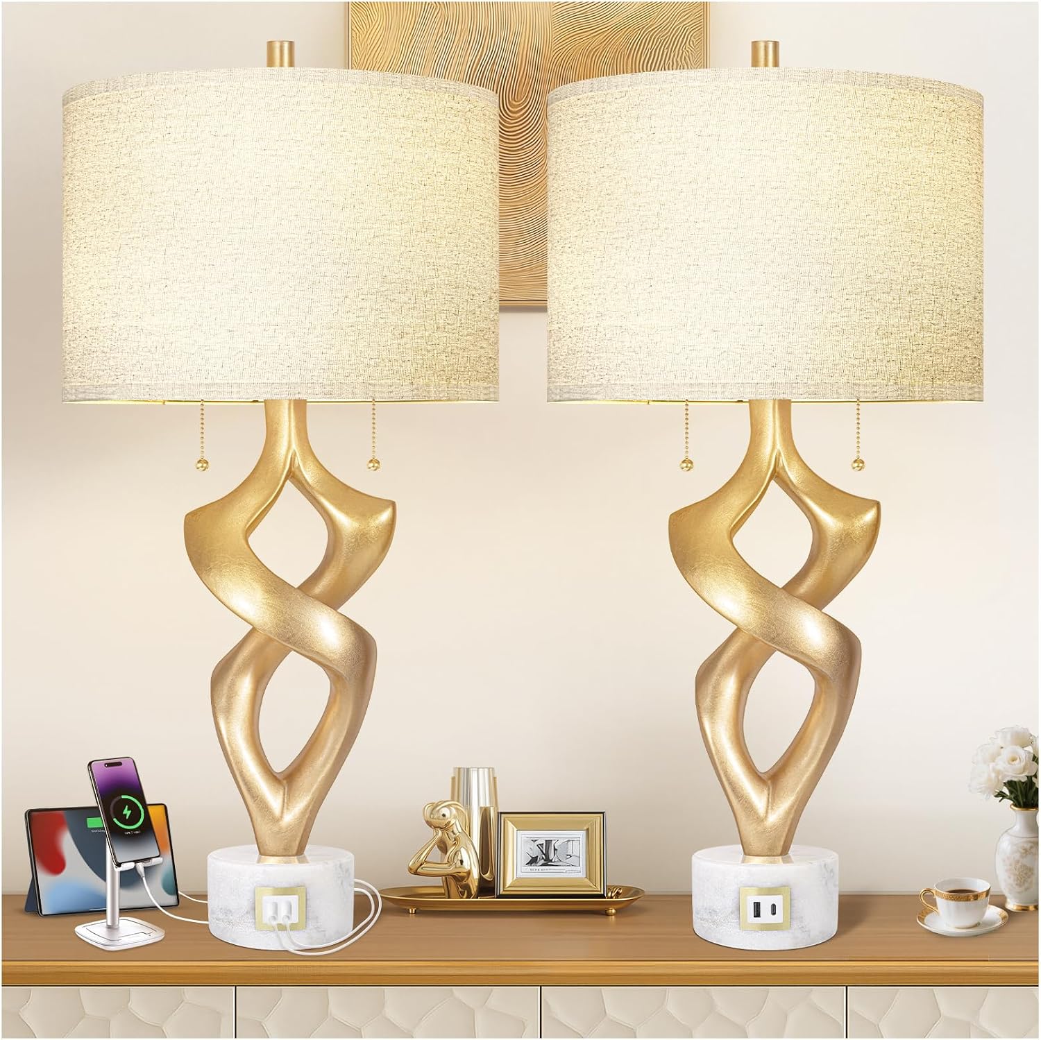 Scenekoy Sculptural Resin Table Lamp Set of 2 with USB Ports for Bedroom Living Room, 31' Big Gold Leaf Marble Base Bedside Lamps, Pull Chains Switch Modern Nightstand Lamp for Home Room Decor
