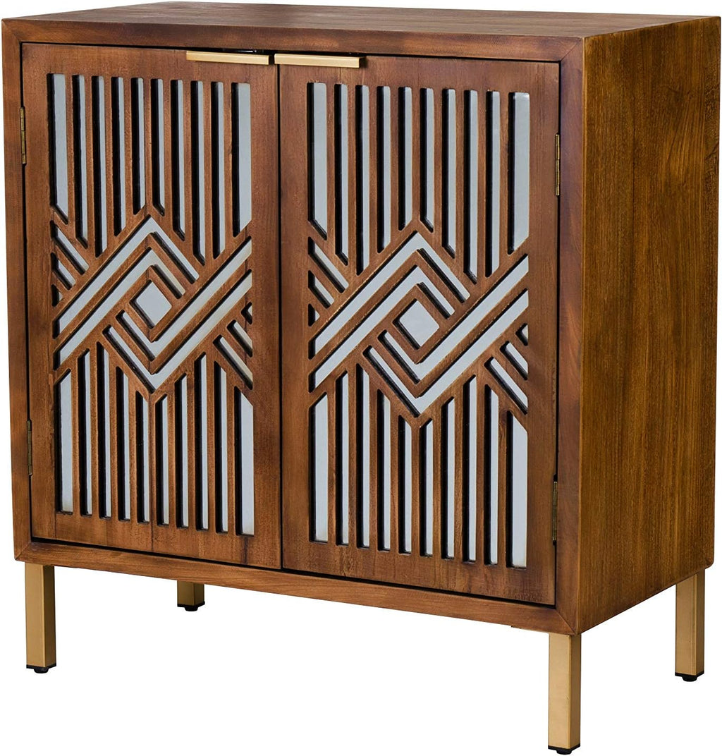 COZAYH 2 Door Accent Cabinet, Wood Sideboard Storage Furniture with Modern Geometric Mirror Front, Freestanding Home and Kitchen Cabinet, Brown/Silver