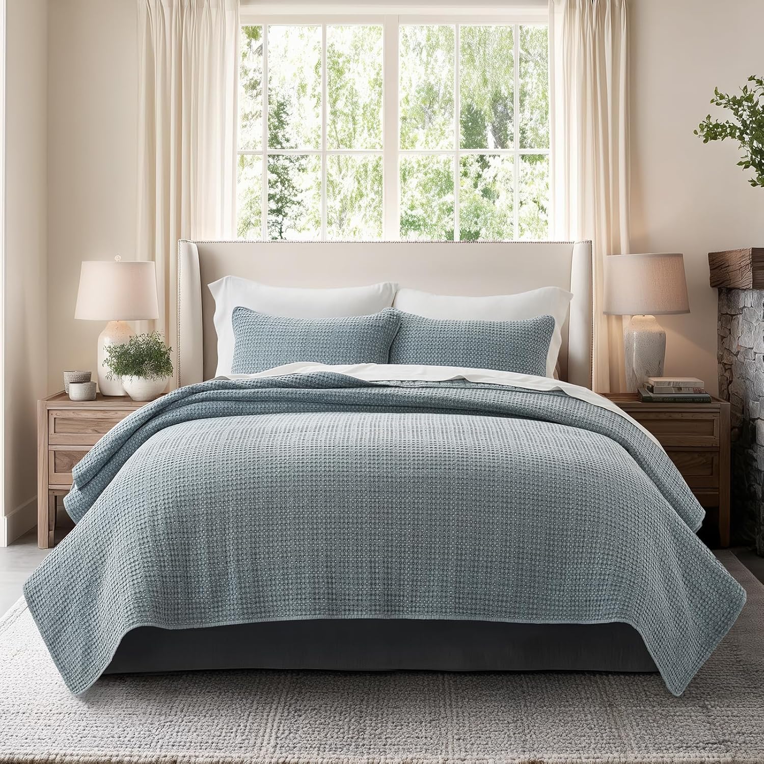 EverGrace Stonewashed 100% Natural Cotton Waffle Quilt Set King Size 3 Pieces, Soft, Breathable & Substantial Bedding, Quilted Coverlet Bedspread with 2 Shams for All Seasons, Blue Linen