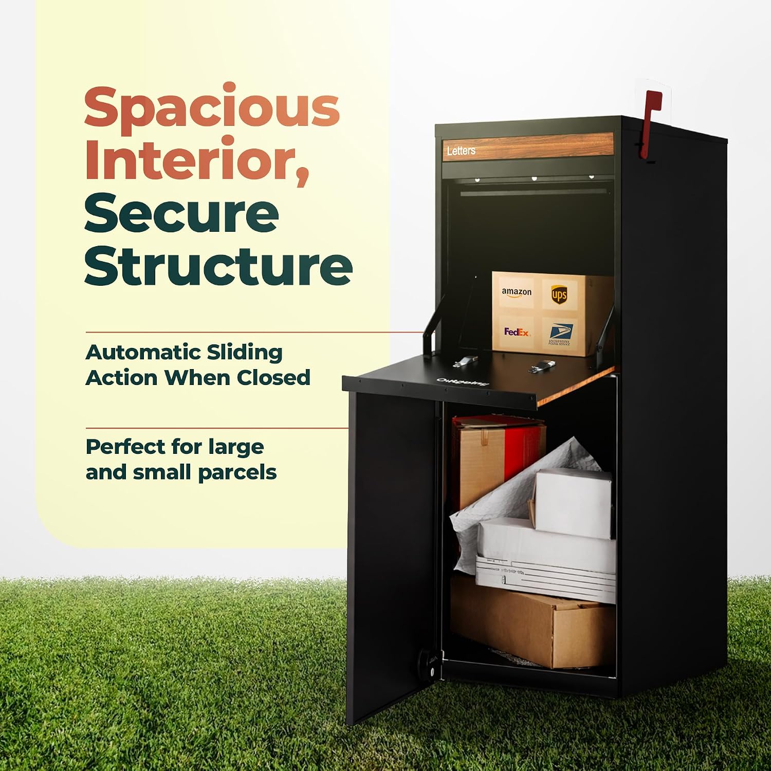 Hudson USPS Compatible Mailbox, Classic Black/Walnut Package Mailbox, Anti-Theft Locking Parcel Drop Box For Porch Or Curbside, Large Mailbox for Packages, Weather-Sealed Powder Coated Steel