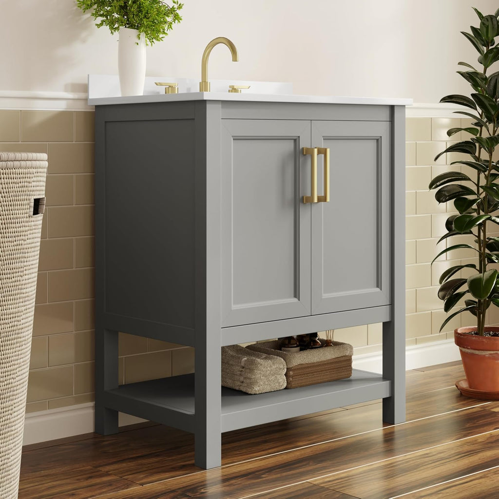 Flash Furniture Vega 30 Inch Bathroom Vanity with Sink Combo, Storage Cabinet with Soft Close Doors and Open Shelf, Carrara Marble Finish Countertop, Gray/White