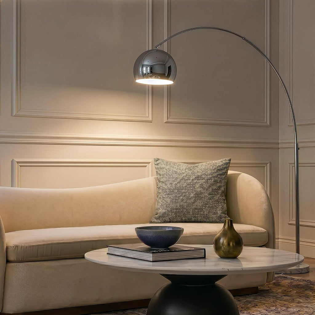 Brightech Olivia Floor Lamp - Chic Arc Lamp with Rounded Spolight Head and Marble Base for Living Room, Tall Standing Lamp with LED Light Bulb for Bedroom Reading, Boho Home Decor for Office - Chrome