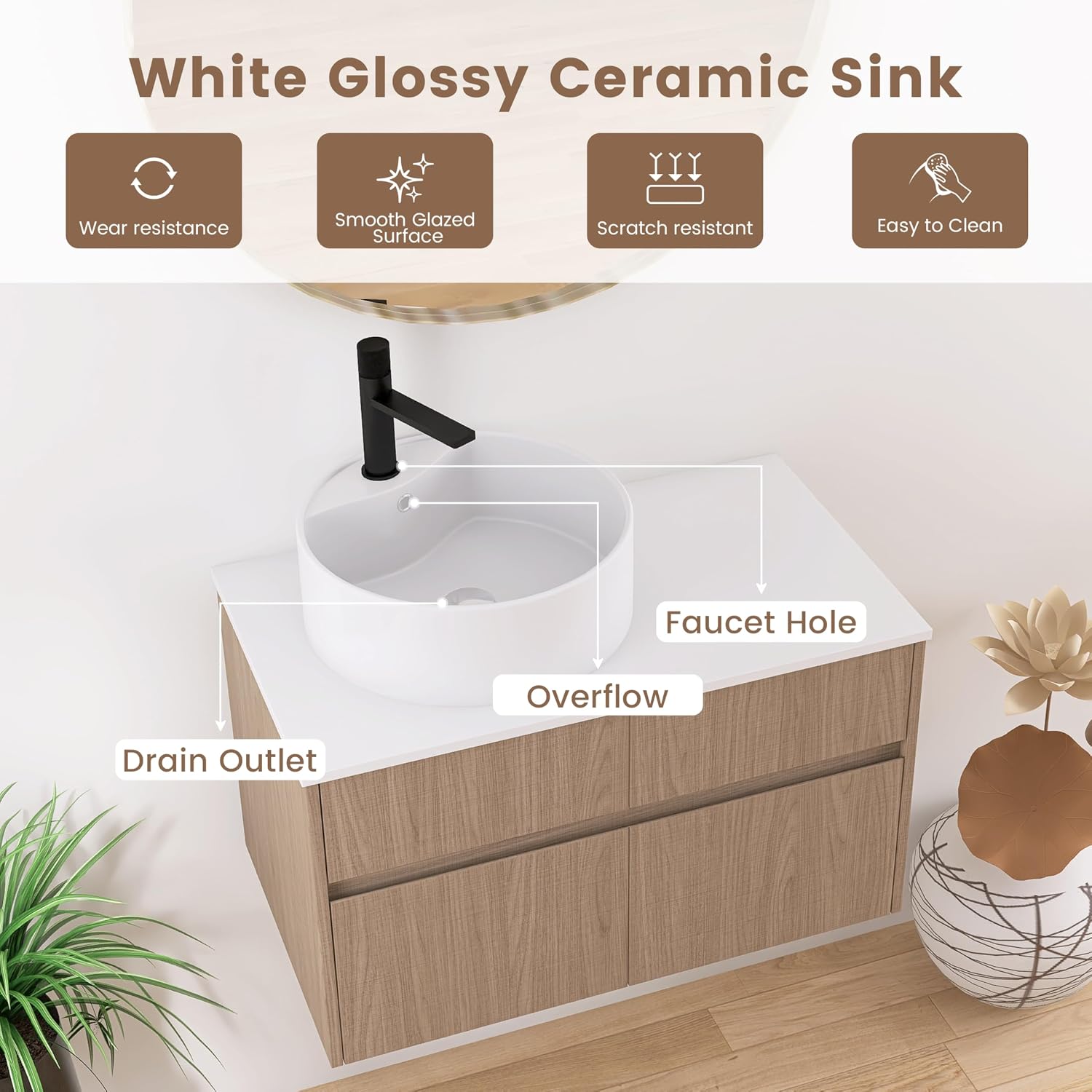 32 Inch Floating Bathroom Vanity with Sink, Modern Wall Mounted Cabinet, Ceramic Vessel Basin, 2 Soft Close Doors and 2 Drawer, Light Walnut