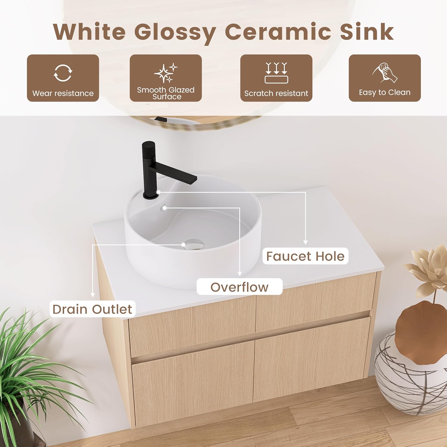 32 Inch Floating Bathroom Vanity with Sink, Modern Wall Mounted Cabinet, Ceramic Vessel Basin, 2 Soft Close Doors and 2 Drawer, White Oak