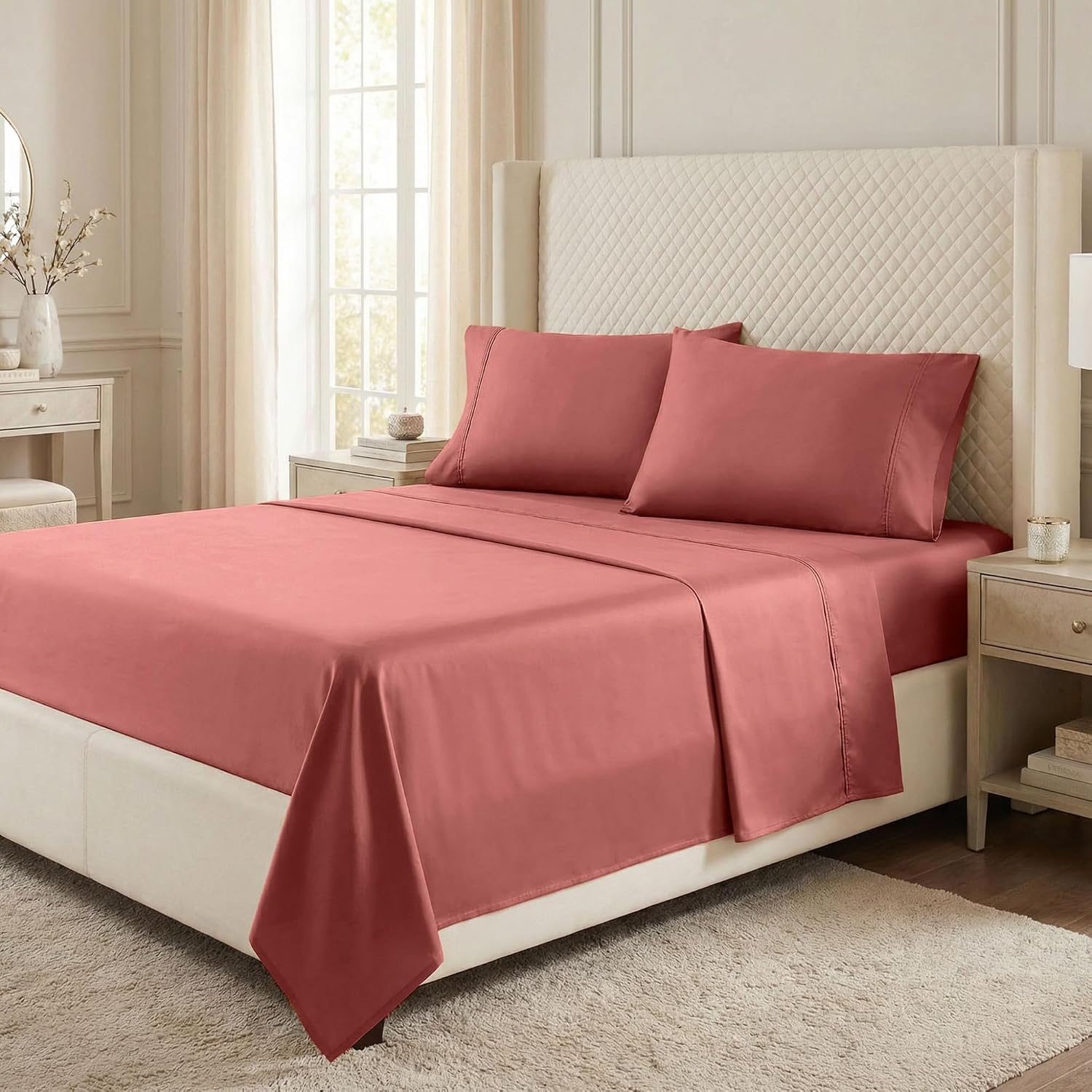 Superior Egyptian Cotton 530 Thread Count Bed Sheet Set, 1 Elastic Deep Pocket Fitted Sheet, 1 Flat Sheet, 2 Pillowcases, Soft Bedding, Luxury Sheets, Sateen Weave, King Size, Blush
