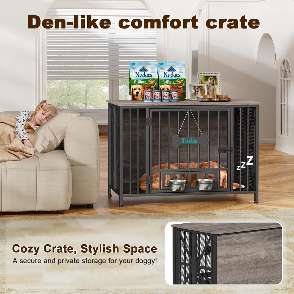 EasyCom Foldable Dog Crate Furniture, 41.3' Dog Crates for Medium/Large Dogs, Wooden Dog Kennel Indoor with Tag & Adjustable Bowls, Dog Cage Use as End Table/TV Stand, Oak Grey