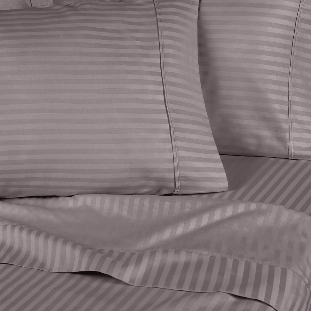 Superior Egyptian Cotton 300 Thread Count Bed Sheet Set, 2 Elastic Deep Pocket Fitted Sheets, 1 Flat Sheet, 2 Pillowcases, Daily Sheets, Luxury Home Essentials, Striped Design, Split King, Grey