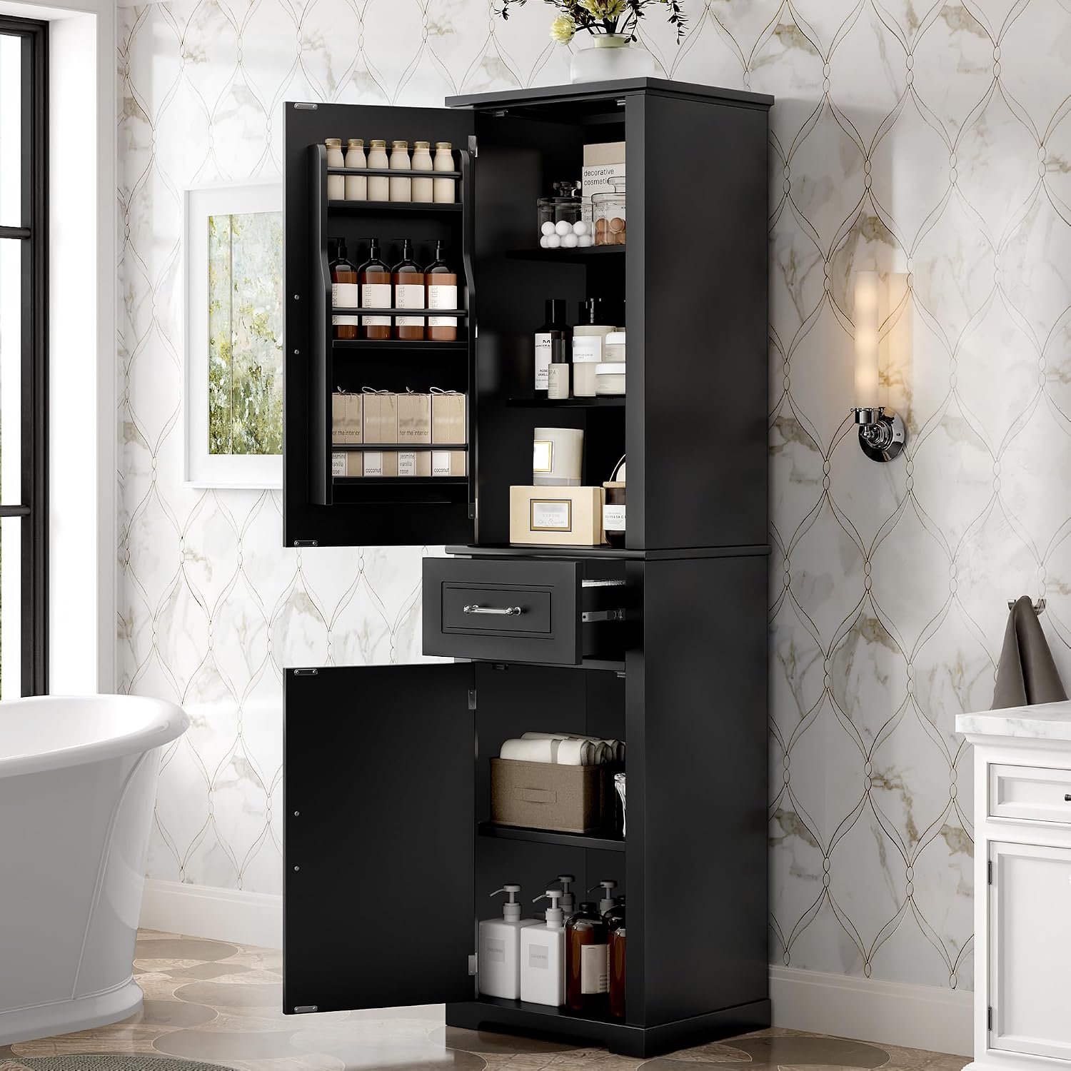 Tall Bathroom Storage Cabinet, Freestanding Bathroom Accent Storage Cabinet with Doors & Adjustable Shelves & Built-in Door Shelf for Home Kitchen, Living Room (Black Style3)