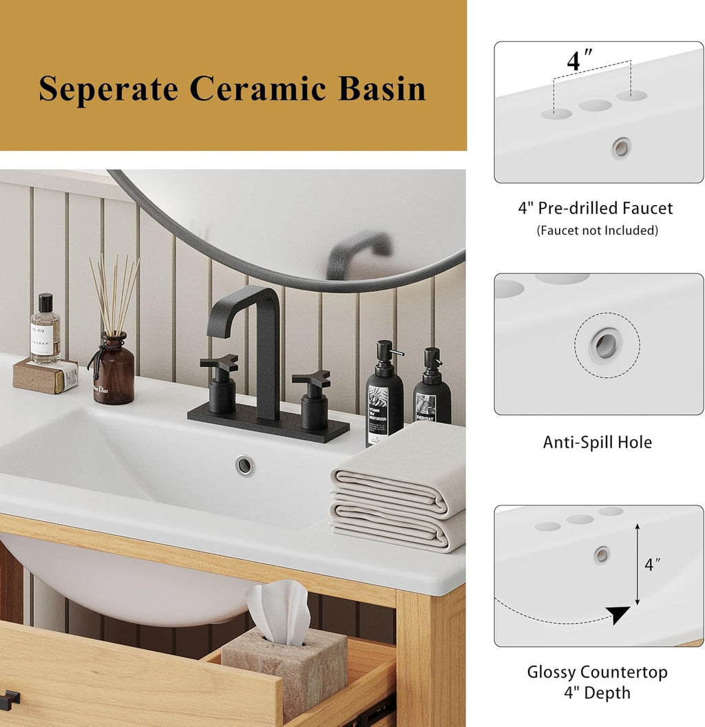 36' Rattan Bathroom Vanity with Sink, Bathroom Vanities with Soft Close Doors & Drawers, Freestanding Bathroom Sink Cabinet with Solid Wood Legs & Large Space Storage, Modern Vanity, Natural