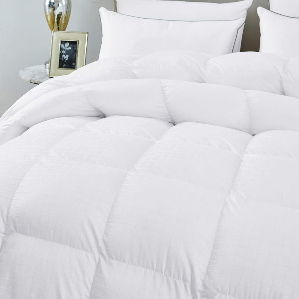 Luxurious Full/Queen Size Goose Down Comforter Duvet Insert, Exquisite Dobby Checkered Design, 1200 Thread Count 100% Egyptian Cotton, Hypoallergenic, 55 oz Fill Weight, Premium Baffle Box, White