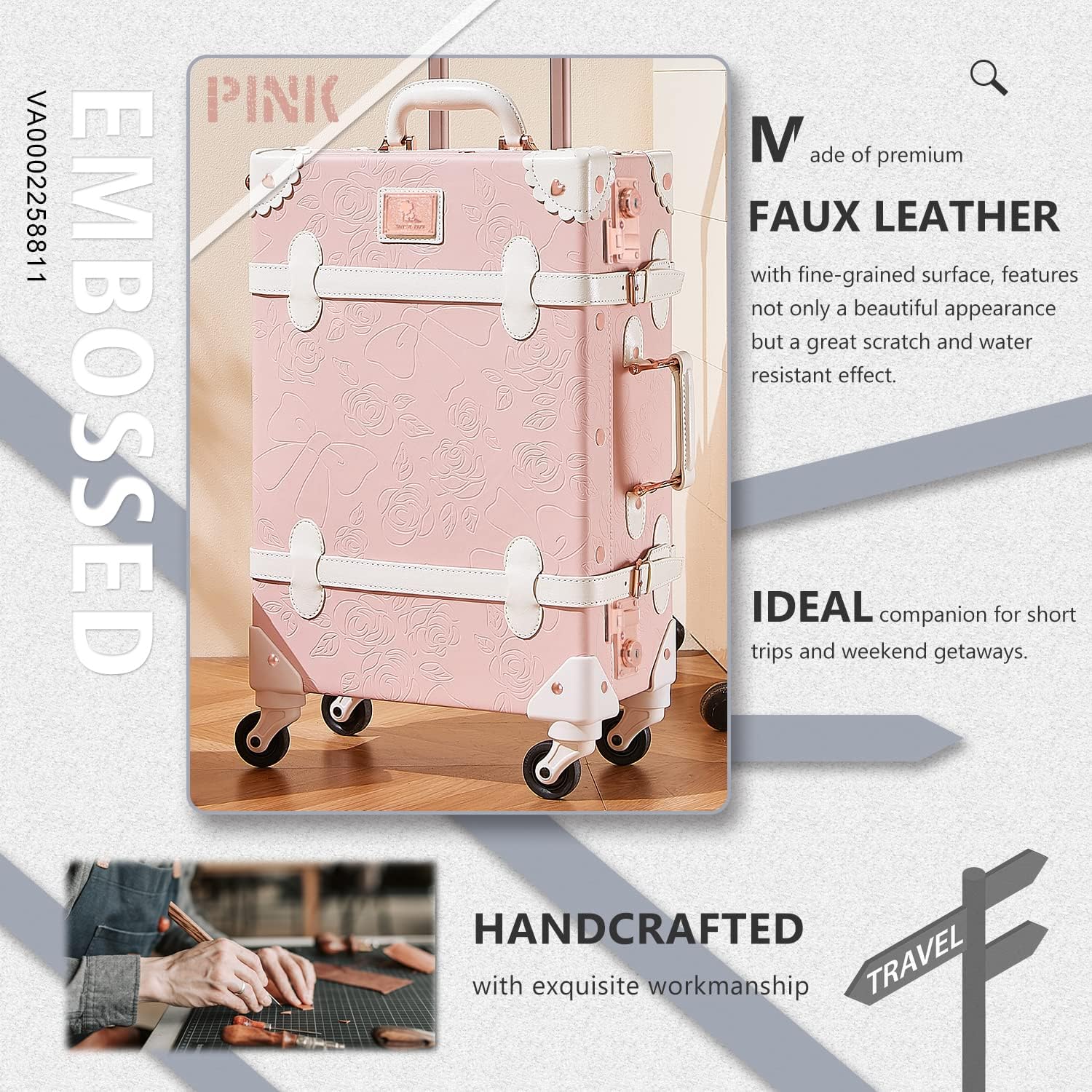 Unitravel 2 Piece Vintage Suitcase Set, 26' Women Cute Travel Luggage with 12' Handbag, Hardside Faux Leather Spinner Trunk with TSA Lock (Embossed Pink)
