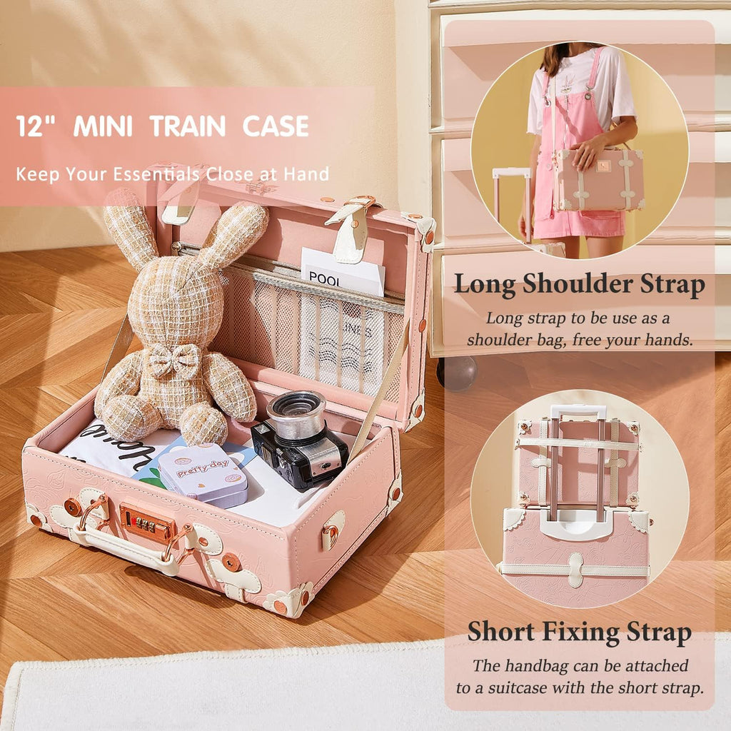 Unitravel 3 Piece Vintage Suitcase Set, Handcrafted Retro Luggage with TSA Lock and Carry On Cosmetic Train Case, Faux Leather Trunk Suitcase with Spinner Wheels for Women, Embossed Pink, 26'+20'+12'