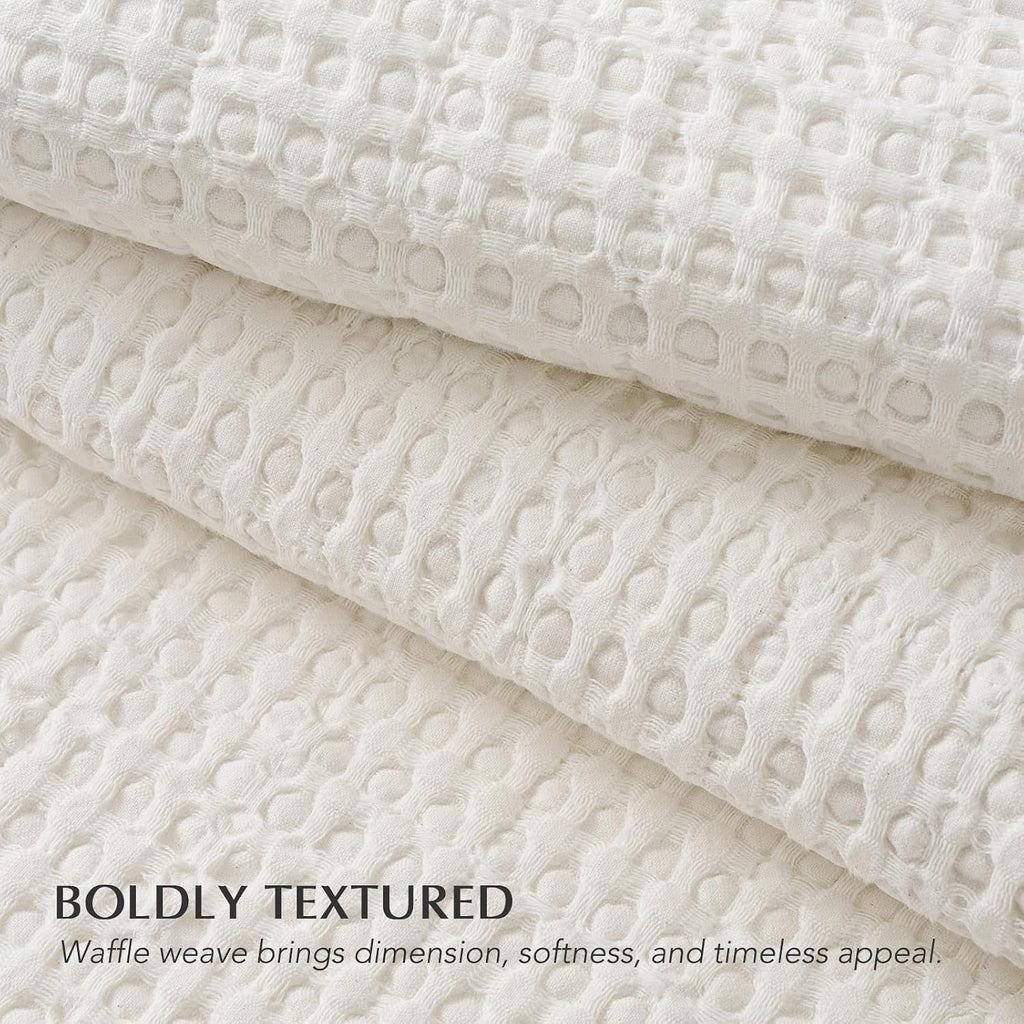EverGrace Stonewashed 100% Natural Cotton Waffle Quilt Set Queen Size 3 Pieces, Durable, Textured & Substantial Bedding, Quilted Coverlet Bedspread with 2 Shams for All Seasons, Bright White