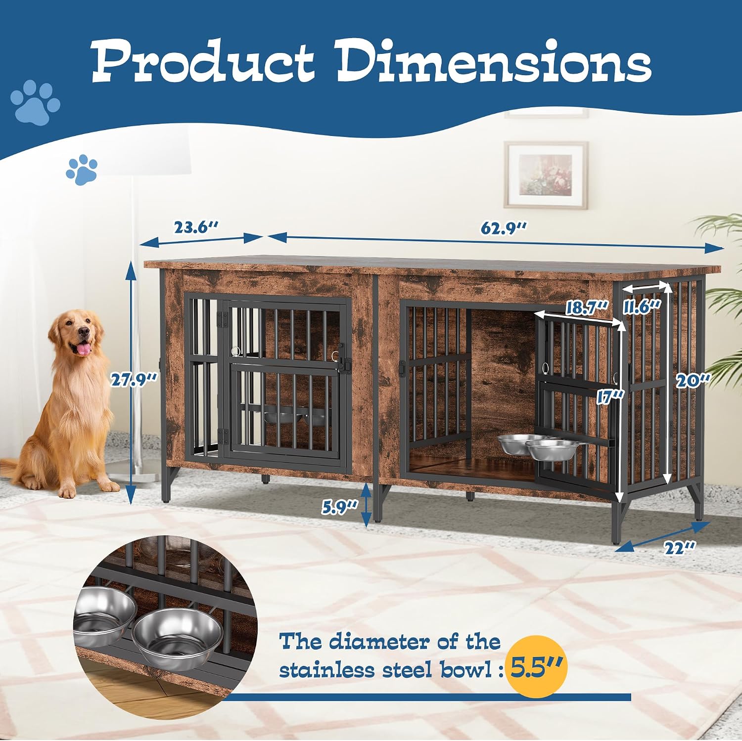 Grepatio 63' Double Dog Crate Furniture, Large Dog Kennel for 2 Dogs, Indoor Wooden Dog Crate with Rotating Feeder Bowls and 4 Doors, Heavy Duty Dog House TV Stand with Removable Divider