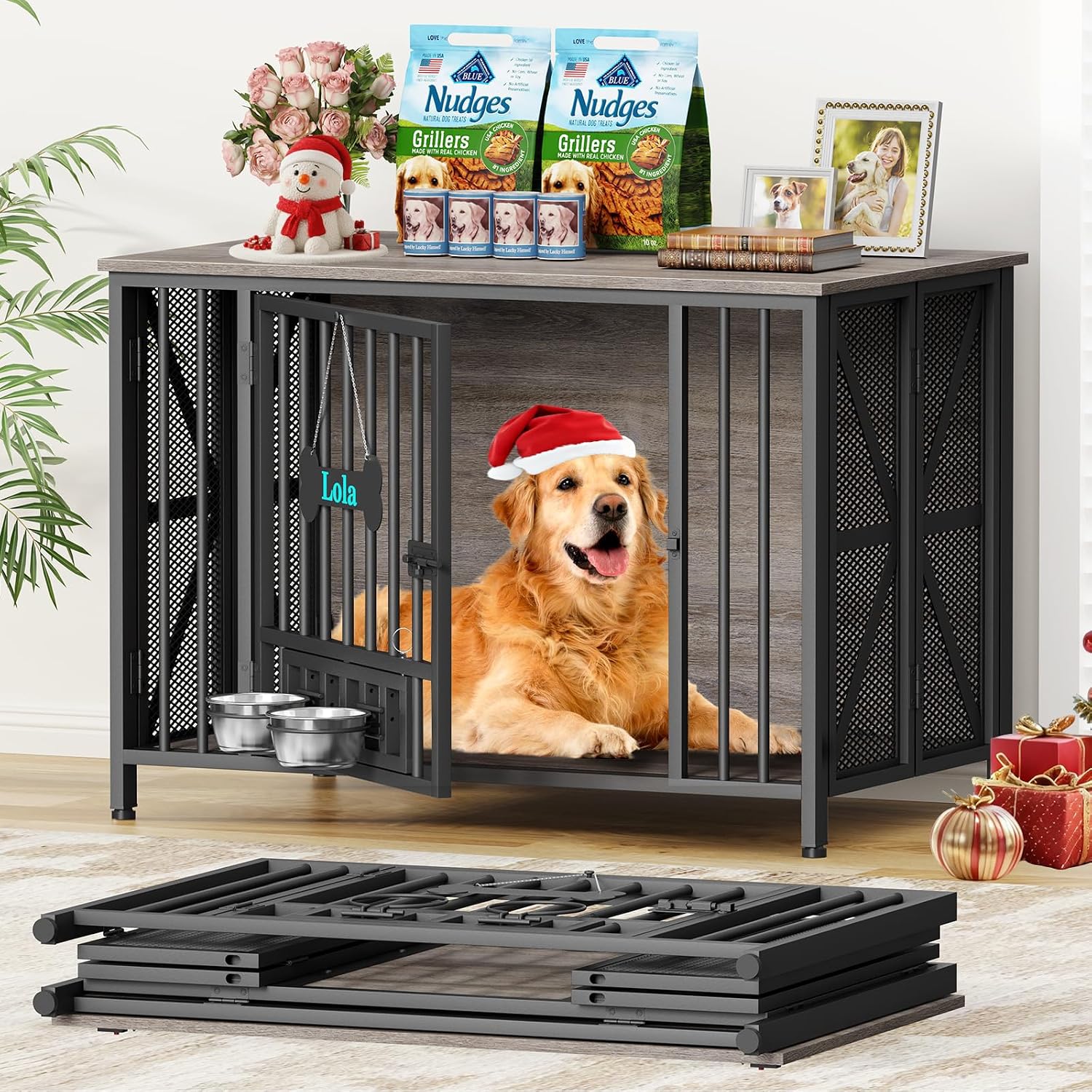 EasyCom Foldable Dog Crate Furniture, 41.3' Dog Crates for Medium/Large Dogs, Wooden Dog Kennel Indoor with Tag & Adjustable Bowls, Dog Cage Use as End Table/TV Stand, Oak Grey