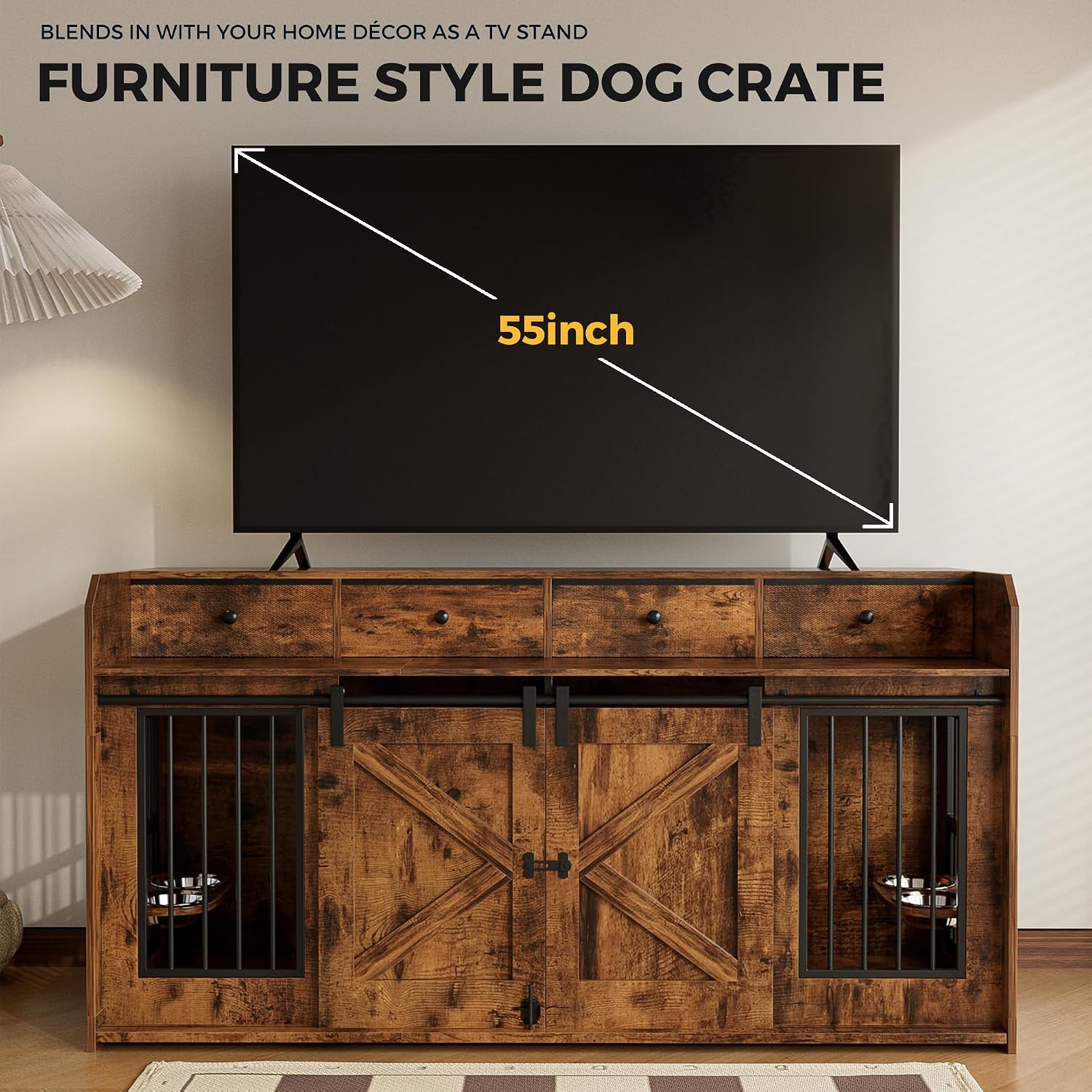 63' Double Dog Crate Furniture – Wooden Dog Kennel Indoor with Sliding Doors, Adjustable Bowls & Storage Drawers – Large Dog Crate TV Stand for 2 Dogs, Burnt Wood Color
