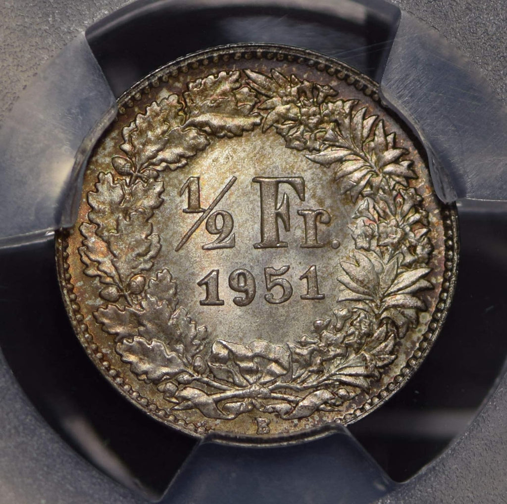 Collectible Coin Switzerland 1951 1/2 Franc PCGS MS67 blasting luster rare grade PC0565