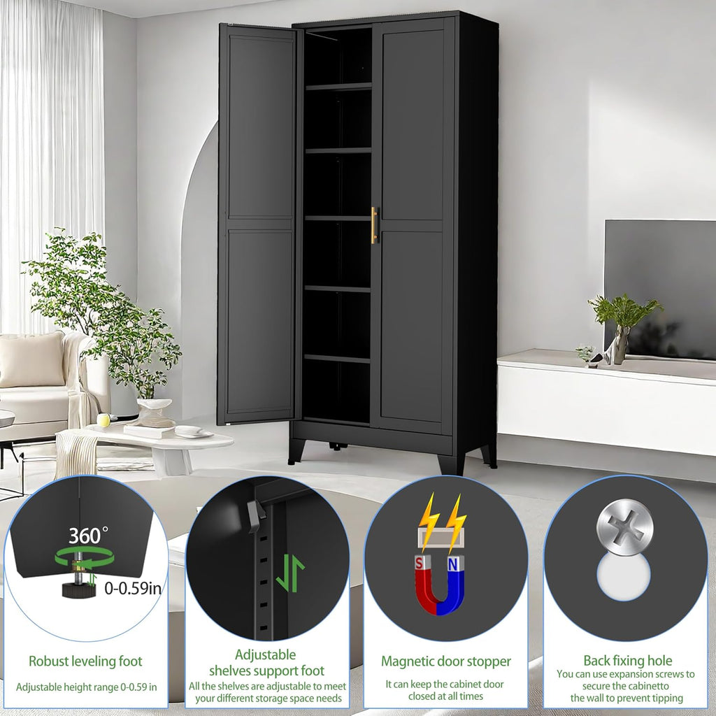 erosoei 75.2'H Metal Kitchen Pantry Storage Cabinet, Storage Cabinets with Adjustable Feet and Shelves,Food Pantries Cupboard for Kitchen, Living Room, Laundry Room and Dinning Room（Black）