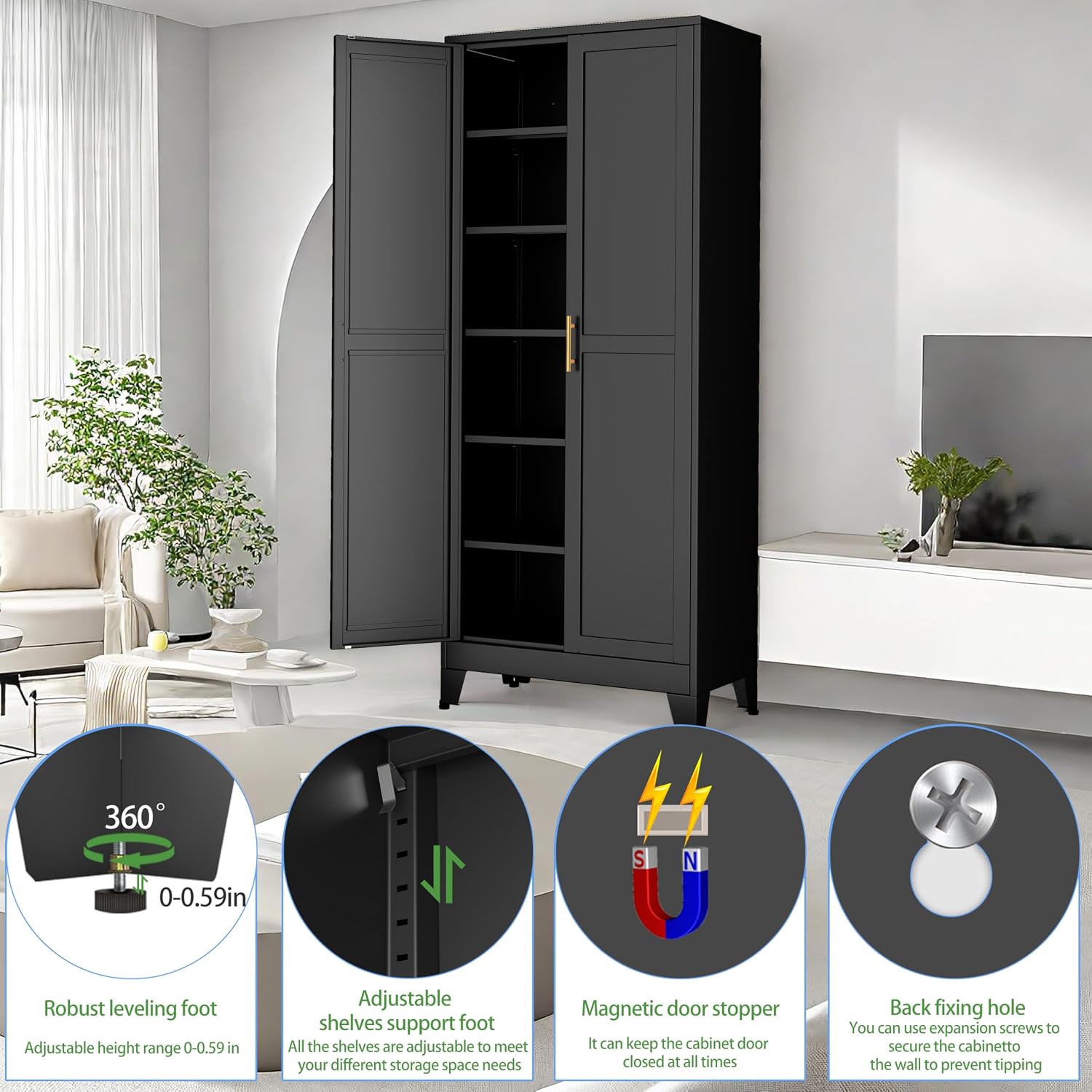 erosoei 75.2'H Metal Kitchen Pantry Storage Cabinet, Storage Cabinets with Adjustable Feet and Shelves,Food Pantries Cupboard for Kitchen, Living Room, Laundry Room and Dinning Room（Black）
