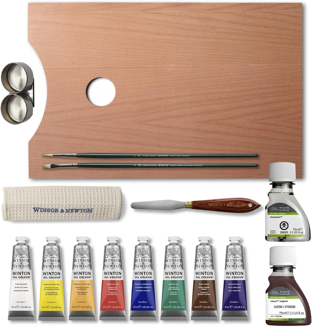 Winsor & Newton Winton Oil Colour, Wooden Paint Set 8 x 37ml Tubes (includes Liquin, Sansodor, 2 Brushes, Knife, Cloth, Godet)