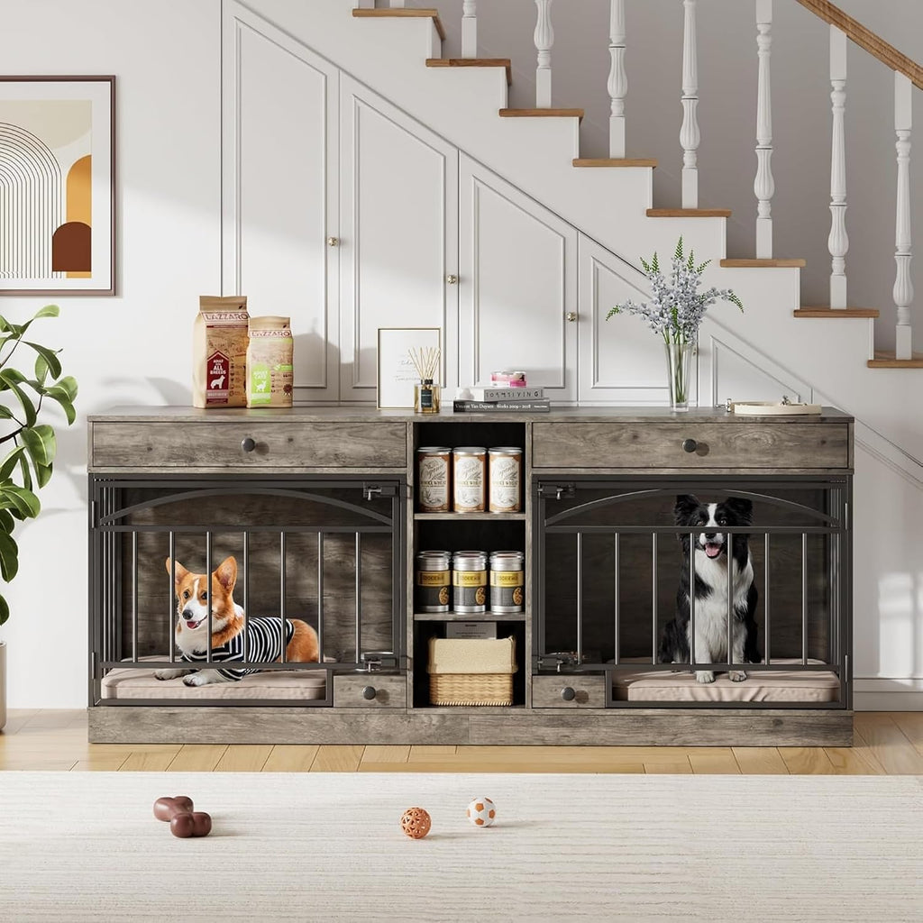 GAOMON Dog Crate Furniture for 2 Dogs, 78.7'' Large Dog Kennel Indoor with 2 Storage Drawers, 3 Shelves and Feeding Bowls, Double Dog Crate TV Stand for Small and Medium Dogs, Gray