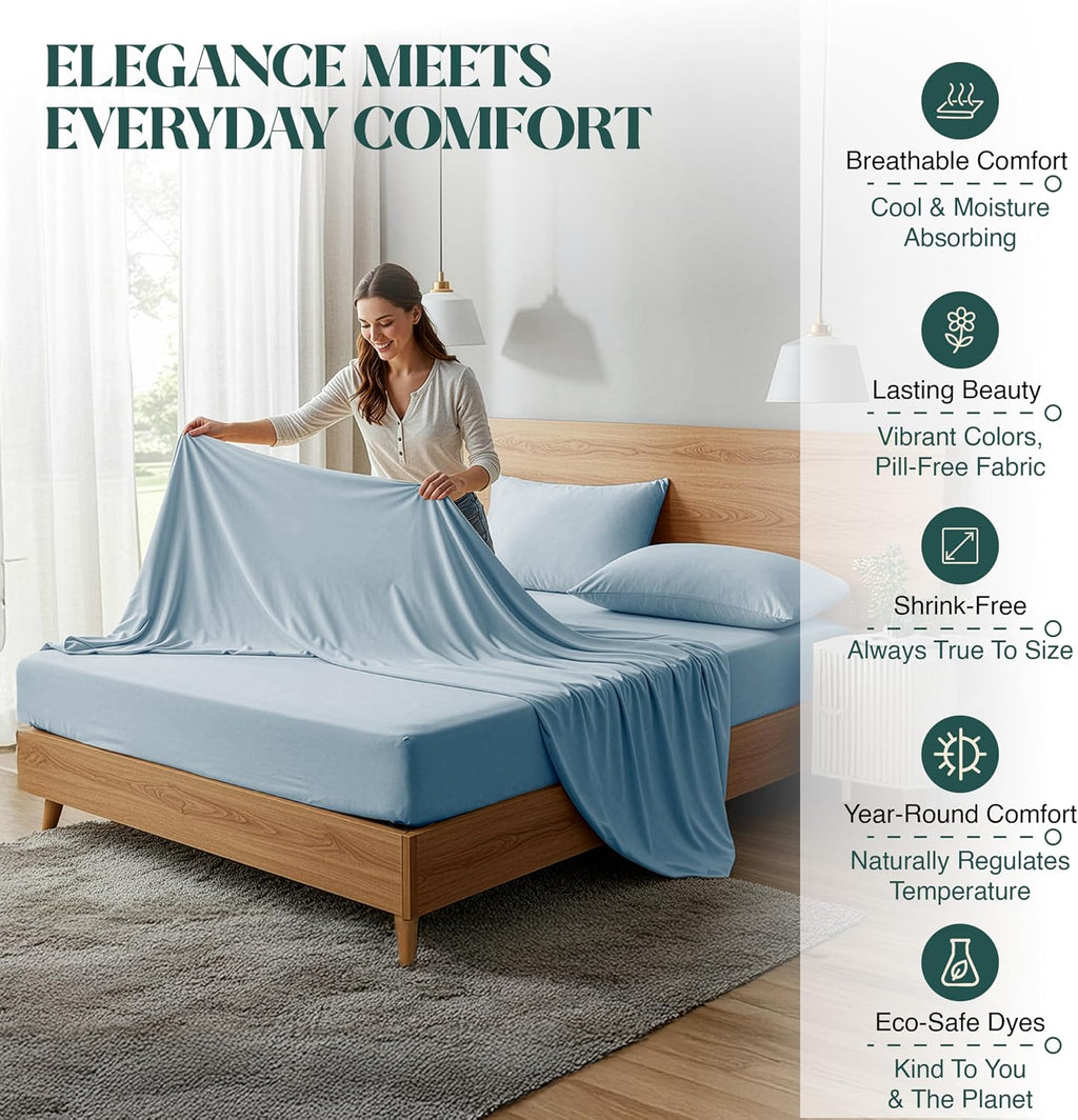 100% Egyptian Cotton Sheet Set Queen Size 4 PCs Sateen Cooling Soft Wrinkle Resistant 18 inches Deep Pocket | 1 Fitted Sheet, 1 Flat Sheet, 2 Pillowcases | Light Blue