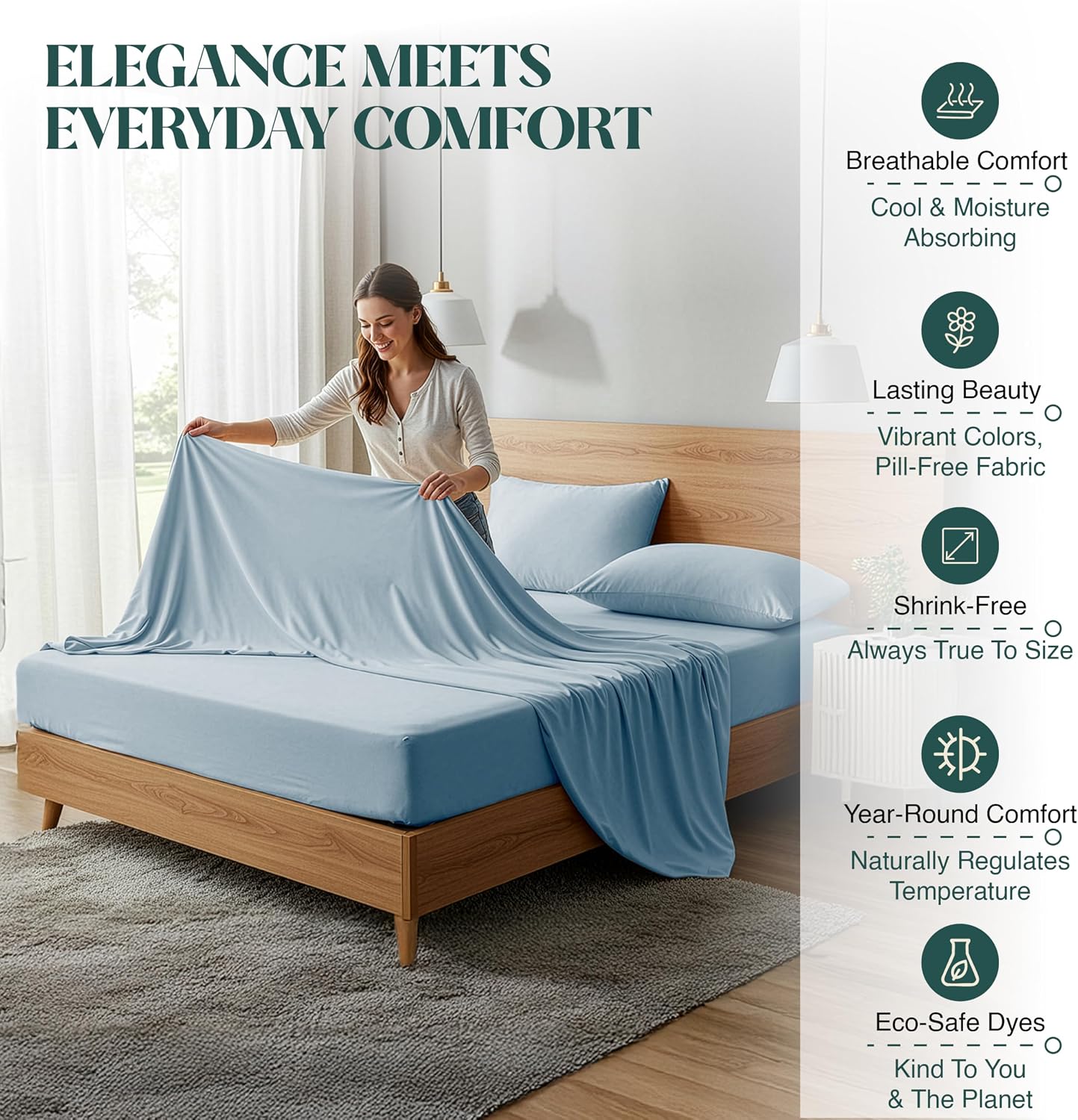 100% Egyptian Cotton Sheet Set Queen Size 4 PCs Sateen Cooling Soft Wrinkle Resistant 18 inches Deep Pocket | 1 Fitted Sheet, 1 Flat Sheet, 2 Pillowcases | Light Blue