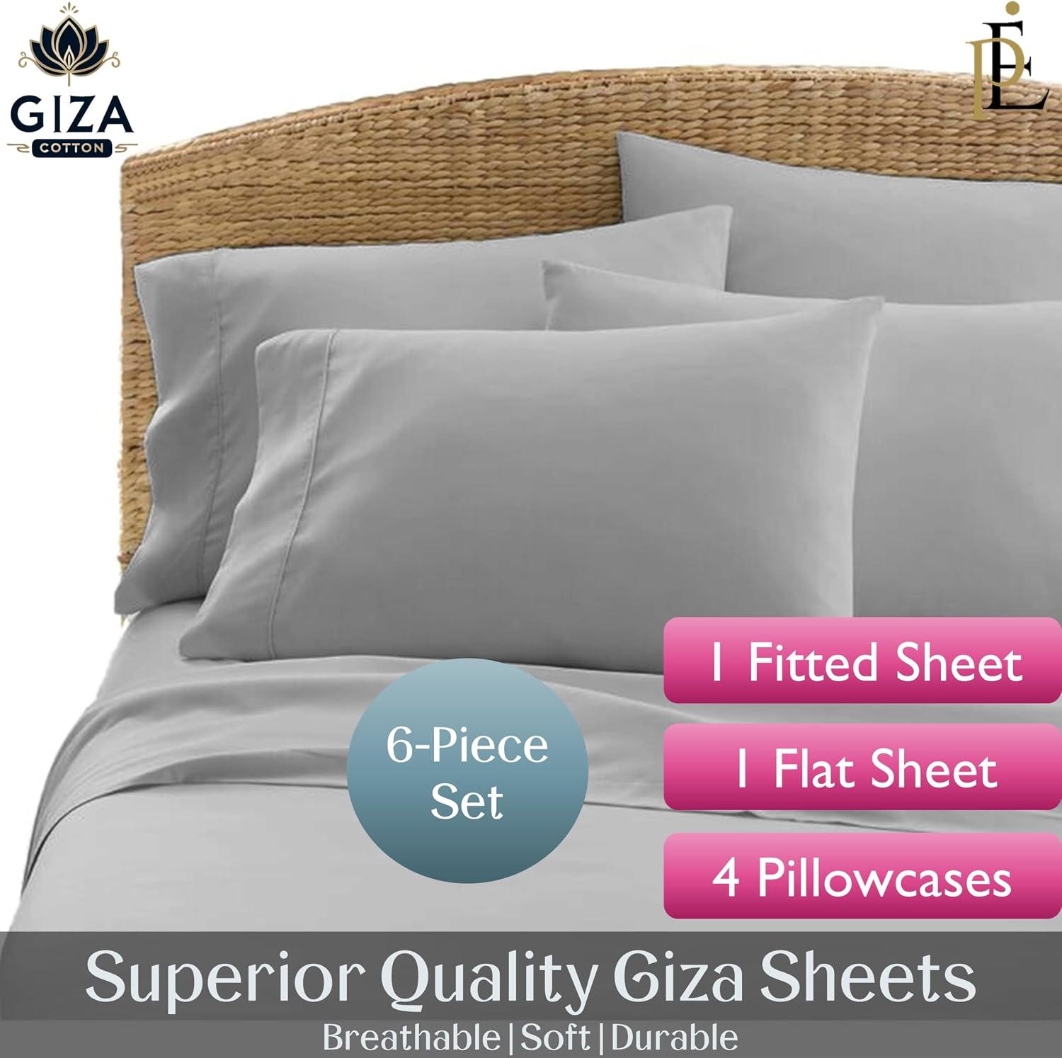 100% Giza Cotton, 1000 Thread Count, 6-PC Bed Sheet Set [Queen Size, Light Grey Color] 18 inches Deep Pockets, Long Staple Cotton Breathable Soft Silky Sateen Weave