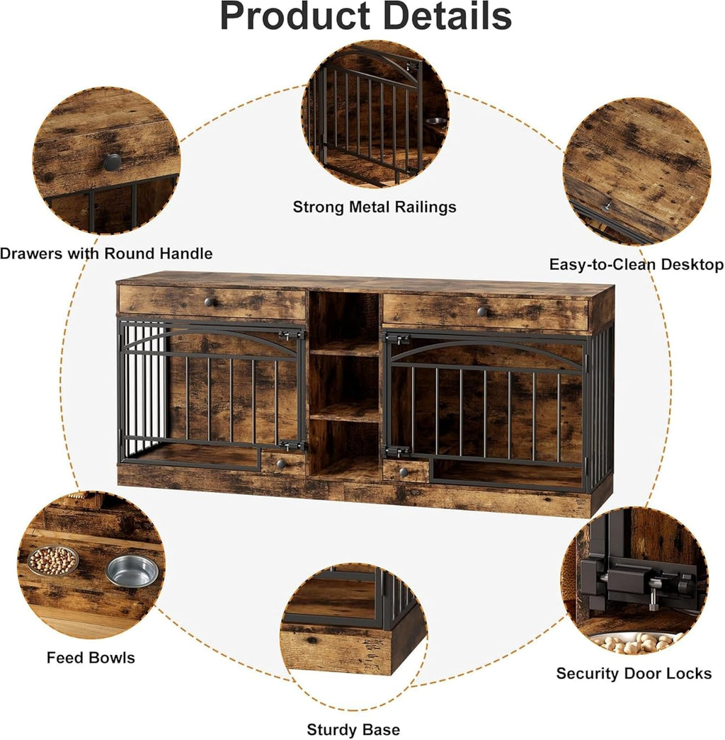 GAOMON Dog Crate Furniture for 2 Dogs, 78.7'' Large Dog Kennel Indoor with 2 Storage Drawers, 3 Shelves and Feeding Bowls, Double Dog Crate TV Stand for Small and Medium Dogs, Brown