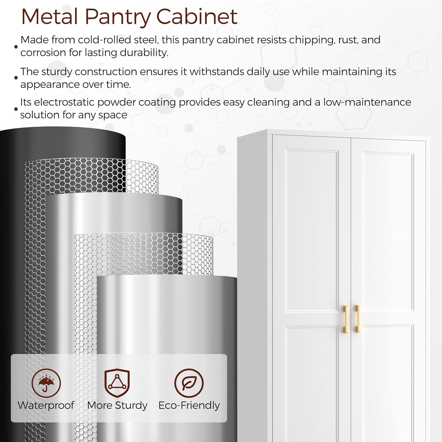 60' Tall Metal Pantry Cabinet, White Kitchen Pantry Storage Cabinet with 3 Adjustable Shelves and Gold Handles, Cupboard for Kitchen, Dining Room, Living Room, Bathroom