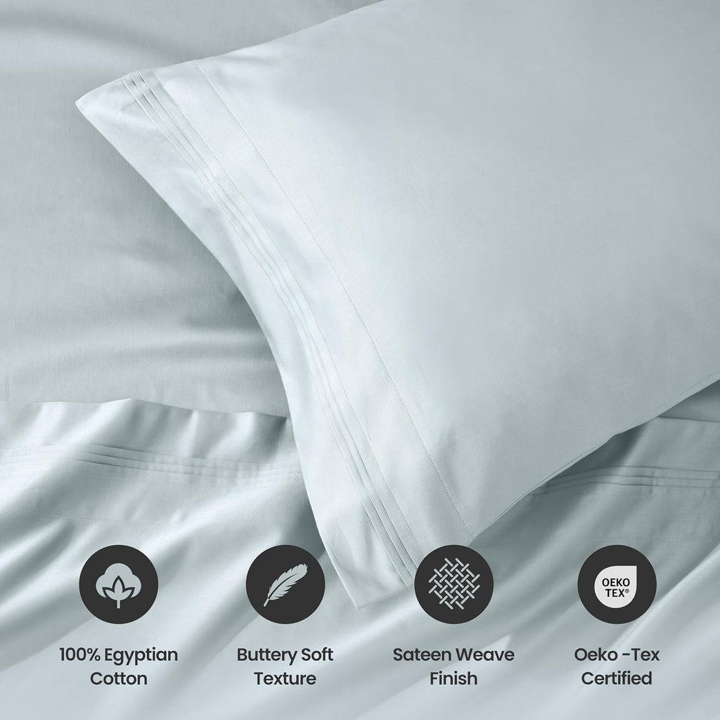 Superior Egyptian Cotton 4 Piece Sheet Set, Luxury 1000 Thread Count, Eco-Friendly, Sustainable Sheets, Ultra-Soft Basics, Solid, Deep Pocket Fitted Sheet, Flat Sheet, Pillowcases, Queen, Baby Blue