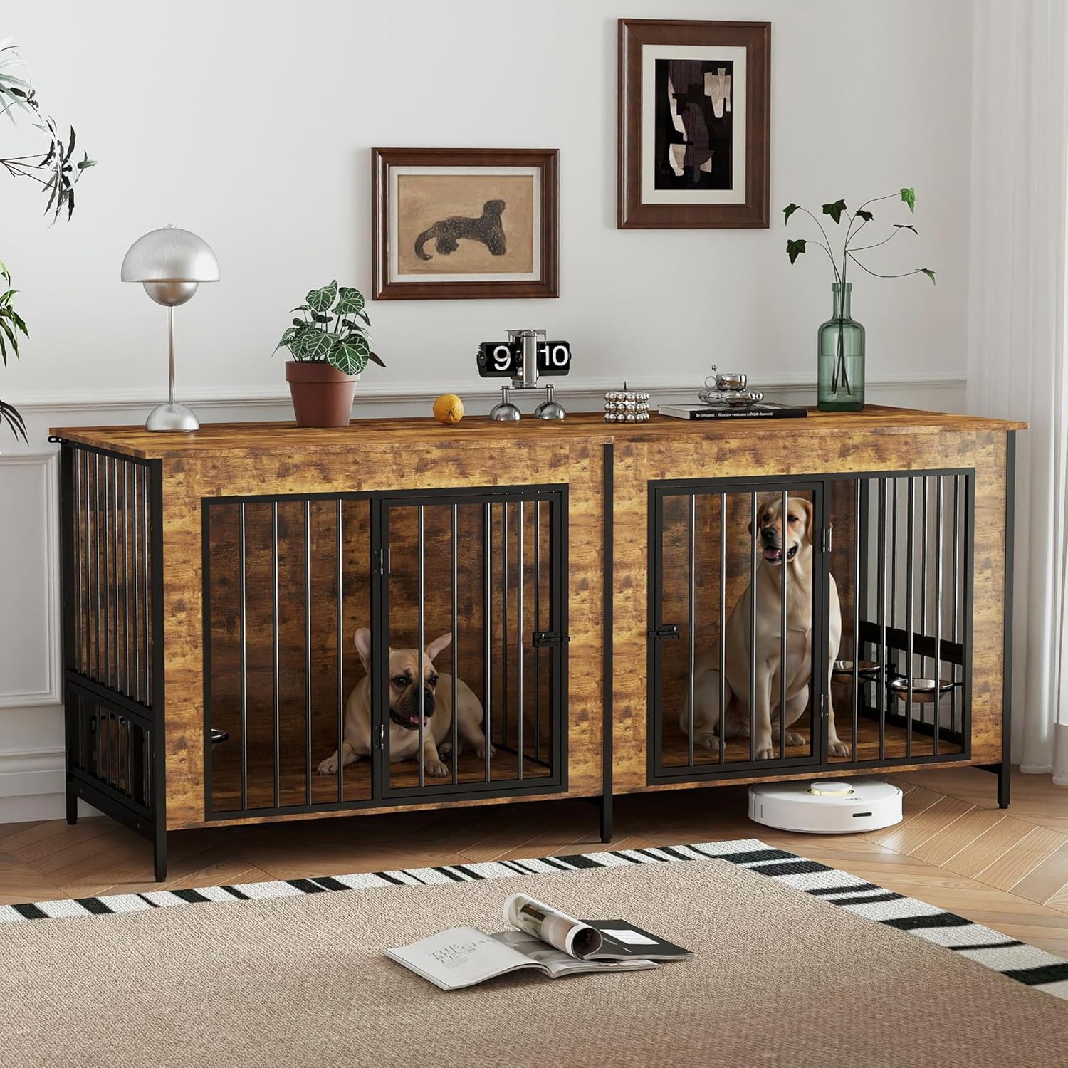 Real Relax 78' Large Dog Crate Furniture for 1 or 2 Dogs with with Rotating Dog Bowl Rack, Heavy Duty Dog Kennel Furniture for Small/Medium Dogs with 4 Bowls, Dog Cage with Steel Frame, Brown