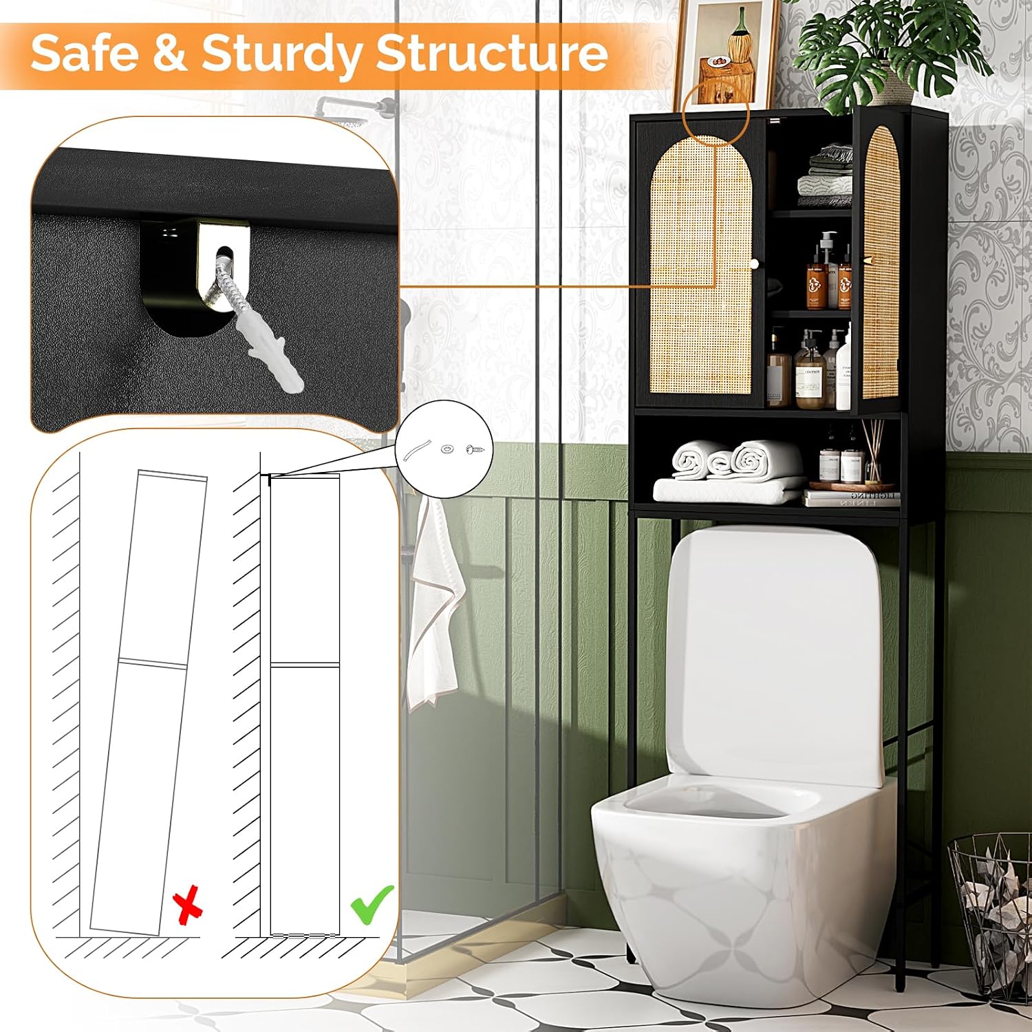 VINGLI Over The Toilet Storage Cabinet, Black Rattan Bathroom Organizer Over Toilet with Adjustable Shelf, Freestanding Space Saver Stand with Soft-Close Doors for Restroom Laundry, Boho Modern