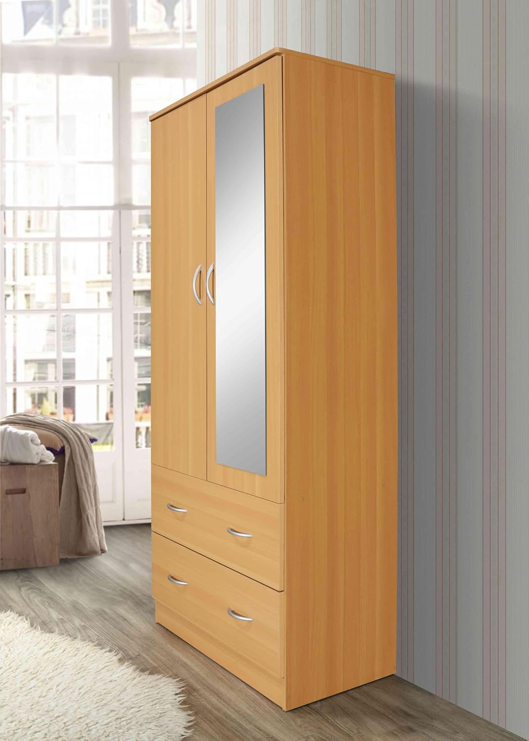 HODEDAH 2 Door Wood Wardrobe for Bedroom with Hanging Clothing Rod inside the Cabinet and 2 Drawers for Storage Organization, Multifunctional Closet with Mirror, Beech
