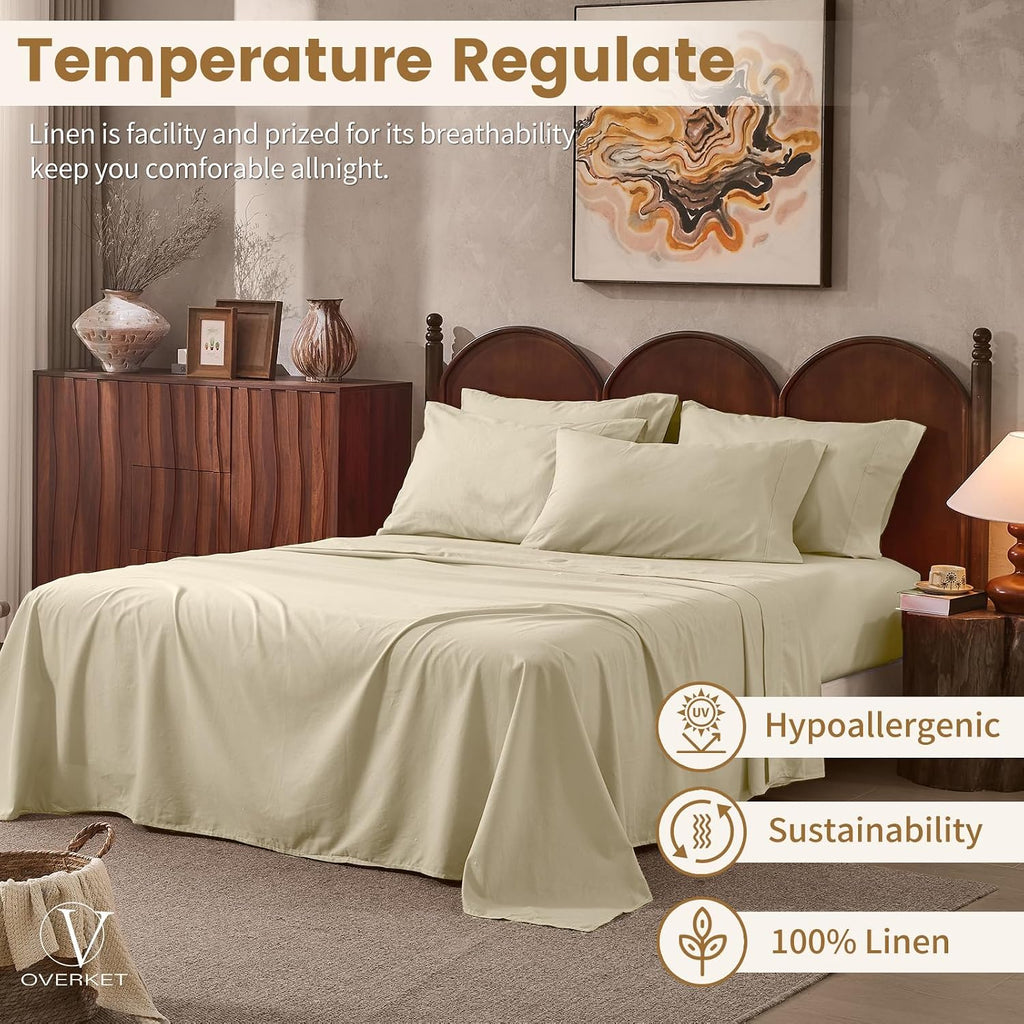 100% Linen Sheets King Size,Breathable & Durable 4-Piece Bed Flax Sheet Set,Soft All-Season Bedding for Hot Sleepers 16' Deep Pocket Oeko-TEX Certified,（King, Brown Taupe）