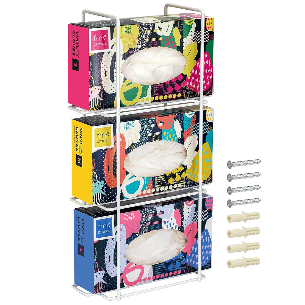 FMP Brands 10 Pack Triple Glove Holder for Wall Mount, Wire Rack Disposable Napkin Gloves Box Holder, White Durable Metal Organizer Glove Rack Holder for Food Service, Lab, Office, Home, and Garage