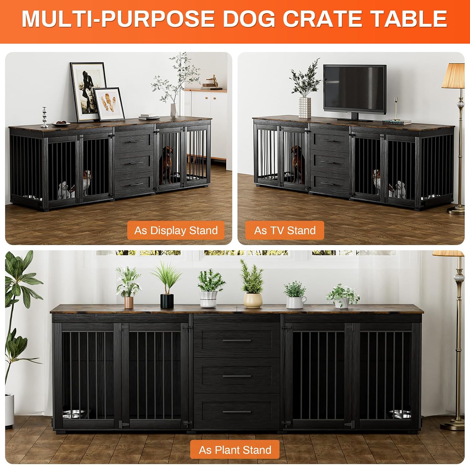 Rophefx 94.5' Dog Crate Furniture for 2 Dogs, Large Dog Kennel Furniture with 3 Storage Drawer, Wooden Dog Cage with 4 Bowls, Indoor Dog House TV Stand with Locks for Large Medium Dog, Black