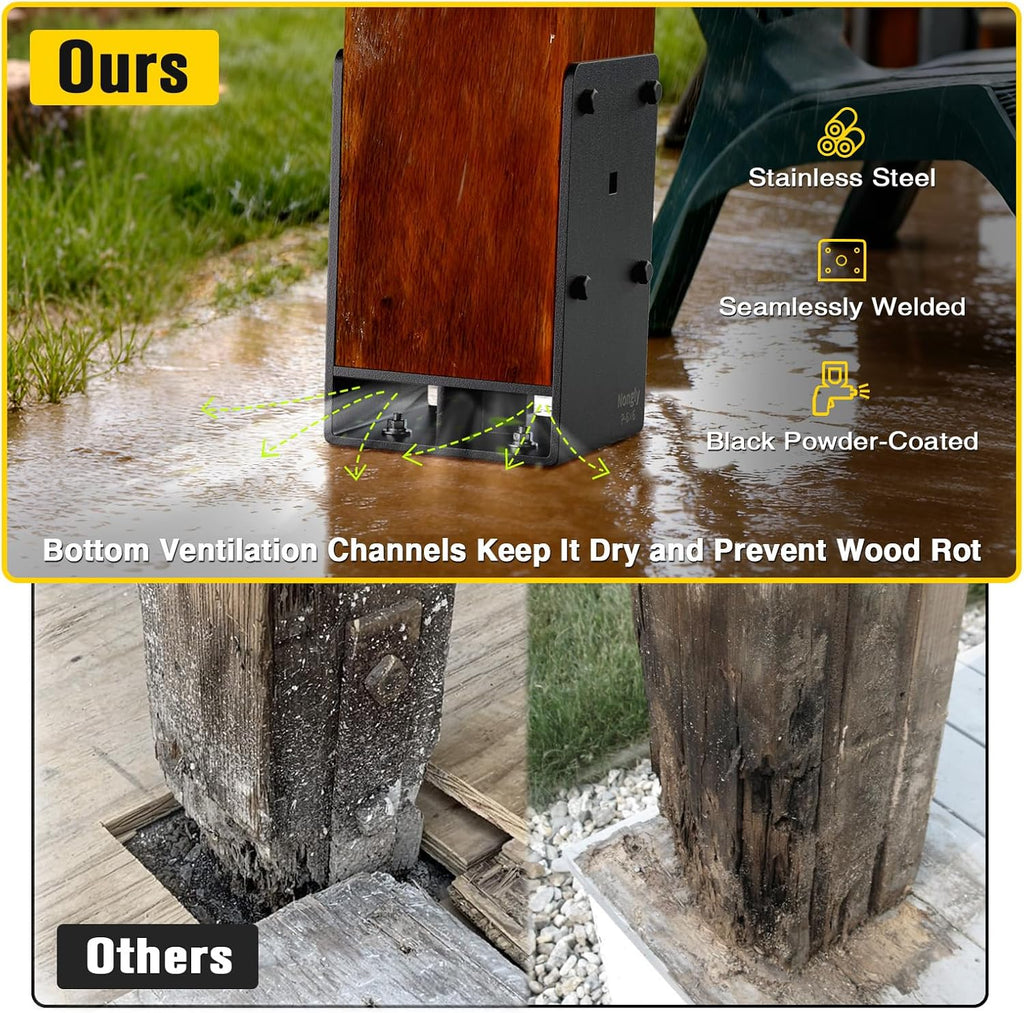Wood Post Base, Heavy Duty Non-Flange Stainless Steel Metal Construction Elements Post Anchor with Air Flow Channel Fence Post Anchor Base for Deck Railing, Pergolas, Fence Pillar(4Pack, 6x6)