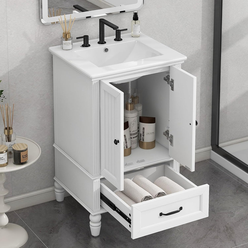 20' Bathroom Vanity With Sink Farmhouse MDF Fixture Stand Pedestal Bathroom Cabinet With Two Doors & A Drawer Magnetic Door Stopper Adiustable Foot Pads Freestanding Storage Cabinet For Bathroom White