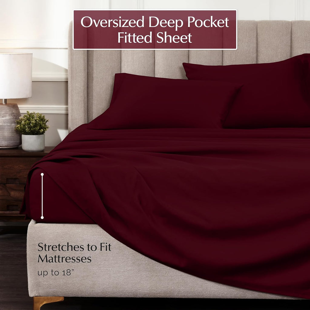Superior Egyptian Cotton 4 Piece Sheet Set, Luxury 1000 Thread Count, Eco-Friendly, Sustainable Sheets, Ultra-Soft Basics, Solid, Deep Pocket Fitted Sheet, Flat Sheet, Pillowcases, Queen, Burgundy