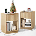 Fluted Nightstand, Night Stand Set 2, Nightstands Set of 2 with Charging Station, Wooden End Table with Drawer & Open Shelf, Modern Bedside Table for Bedroom, Curved Corners, Natural Oak