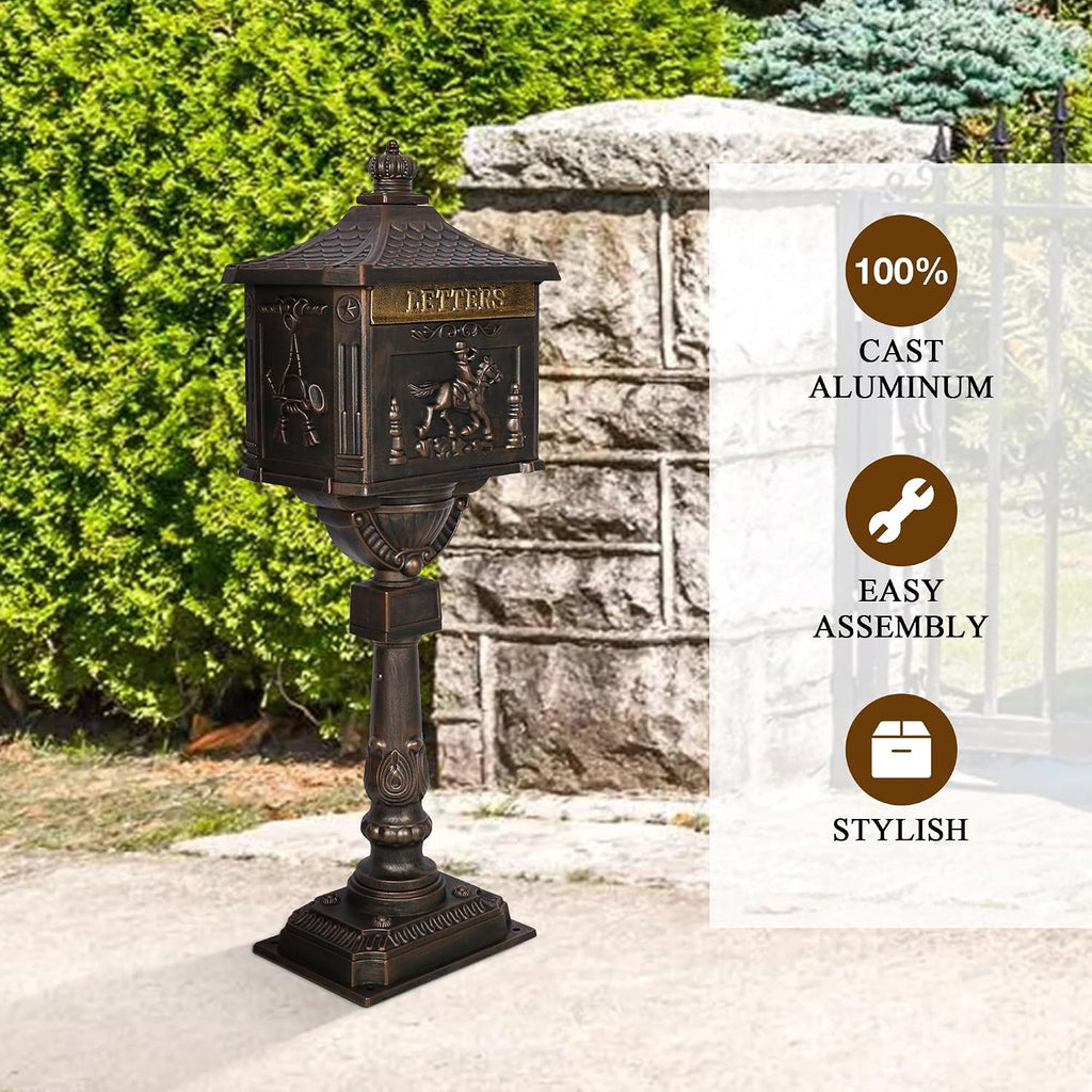 Mailbox, Heavy Duty Cast Aluminum Postal Box, Mail Box with 2 Keys for Courtyard Villa Decoration - Bronze