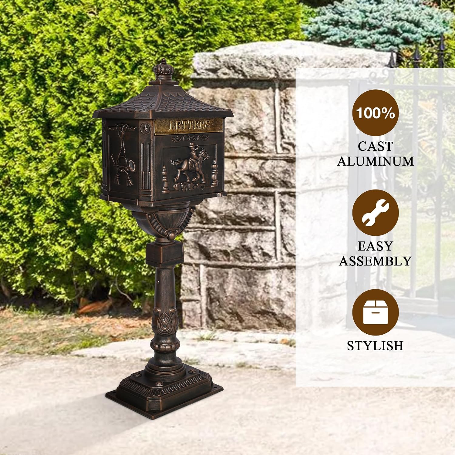 Mailbox, Heavy Duty Cast Aluminum Postal Box, Mail Box with 2 Keys for Courtyard Villa Decoration - Bronze