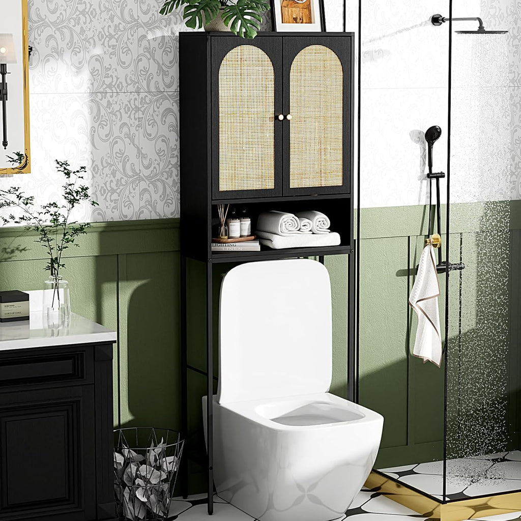 VINGLI Over The Toilet Storage Cabinet, Black Rattan Bathroom Organizer Over Toilet with Adjustable Shelf, Freestanding Space Saver Stand with Soft-Close Doors for Restroom Laundry, Boho Modern